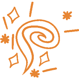 A white magical swirl with sparkles, lines, and asterisks around it and an orange outline.